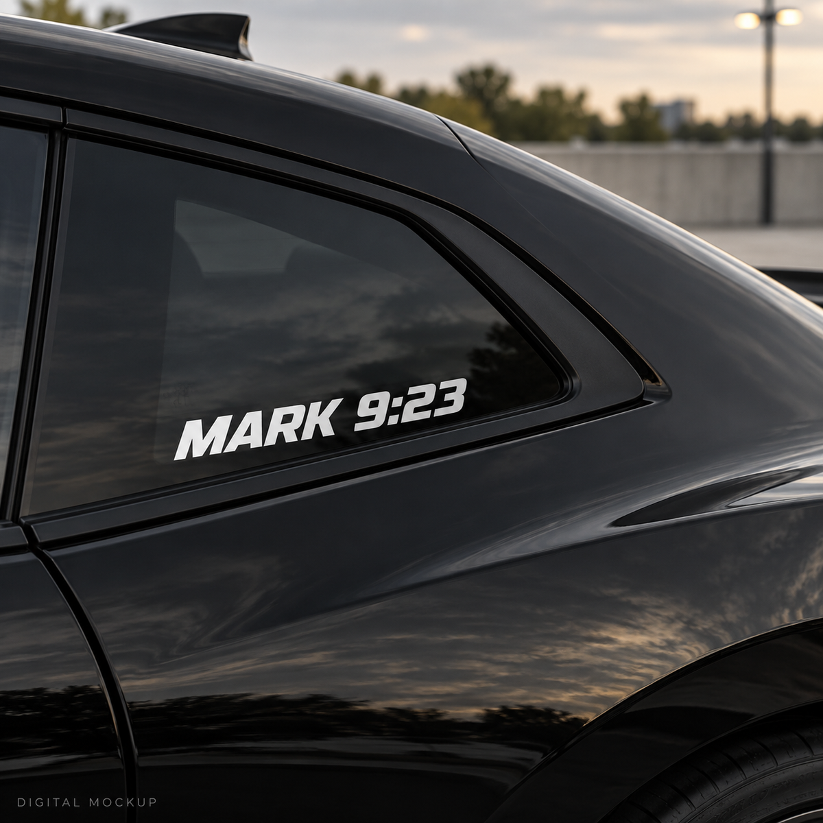 Digital mockup: Mark 9:23 white vinyl lettering on a black car window. Illustrative placement.